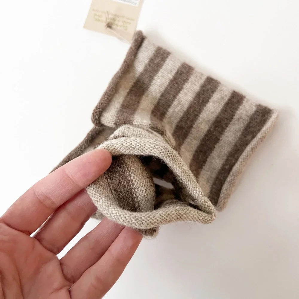 Gudrun Sjoden Fingerless Mittens One Size Brown Tan Striped Knit Wool Gloves NWT